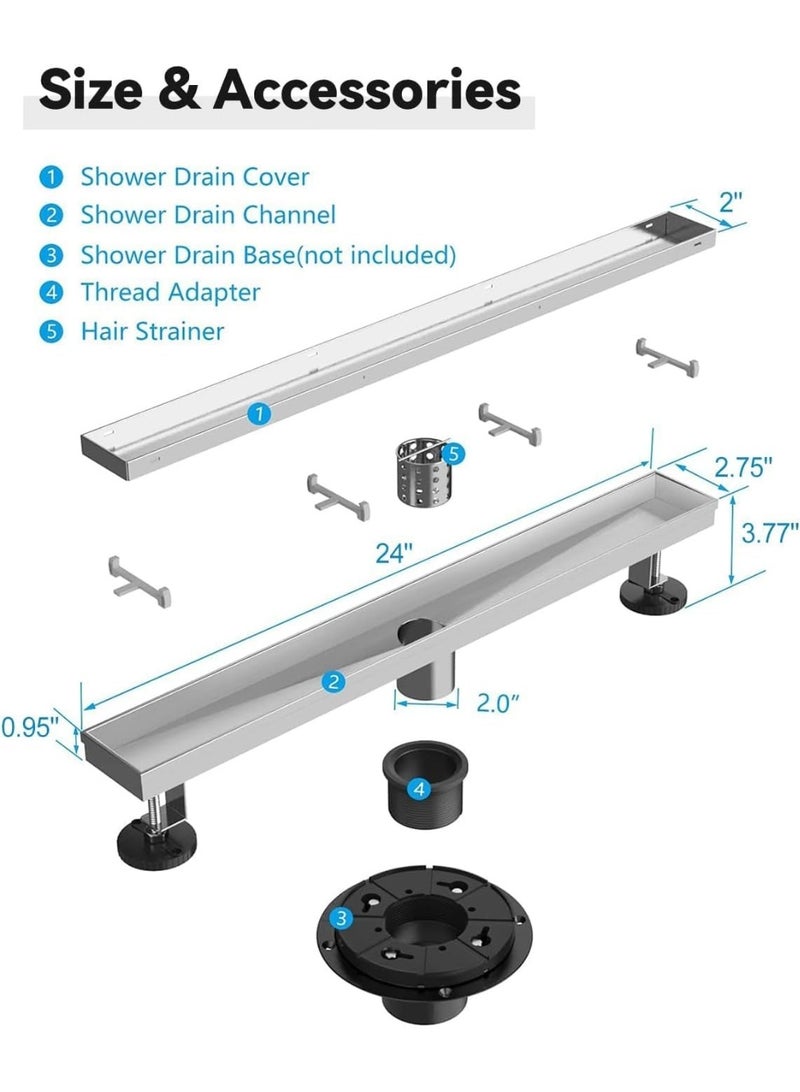 المفتاحة مصرف دش خطي 2 في 1 بطول 24 بوصة - مصرف أرضي من الفولاذ المقاوم للصدأ المصقول بالنيكل مع شبكة تثبيت للبلاط، وأقدام قابلة للتعديل، وفلتر للشعر - مصرف دش مقاوم للصدأ من الدرجة 304 - Image 3